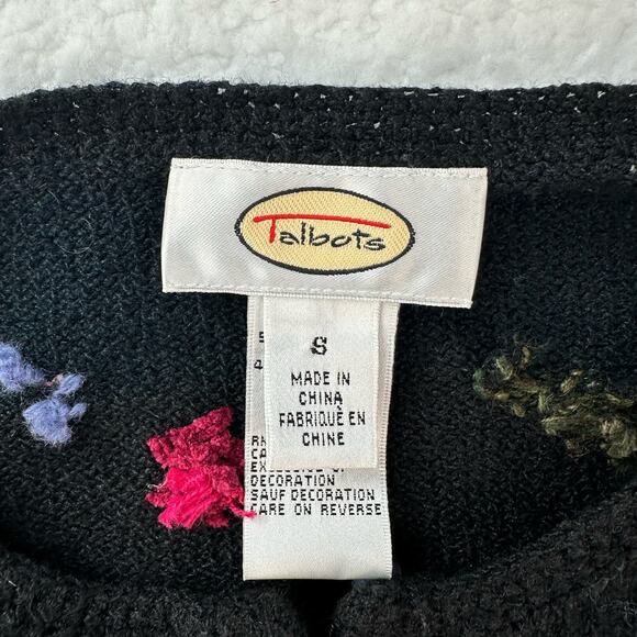 Talbots Sweater Size Small Black Floral Embroidery Grandma Artsy Full Zip - Picture 8 of 14